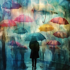 Poster - A person stands under their umbrella in the rain, getting wet