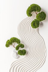 Poster - This Japandi interior showcases a calm landscape of gentle sand lines and lush greenery, embodying the essence of minimalism and tranquility