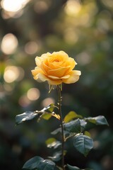 Poster - A bright yellow rose grows in the center of a lush garden, surrounded by greenery and possibly other flowers