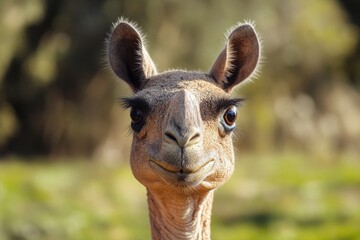 Poster - A giraffe looking directly into the lens