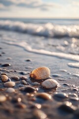 Poster - A collection of shells gathered on a sandy beach near the ocean, great for nature and travel concepts