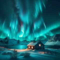 Wall Mural - Aurora borealis over snowy landscape, cabin, and mountains during a geomagnetic storm.