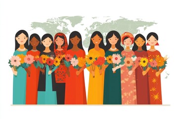 Fototapete - Group of women holding flowers standing in front of a world map, ideal for global events or international celebrations