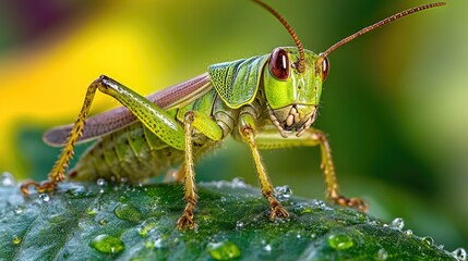 Fototapete - A detailed view of a grasshopper perched on a leaf, perfect for wildlife or nature-inspired designs