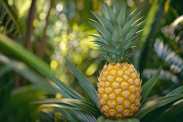 Poster - A juicy pineapple sits atop a lush green plant, perfect for adding natural charm to your design