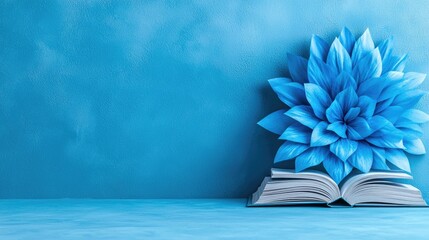 Blue flower blooming from open book on blue background