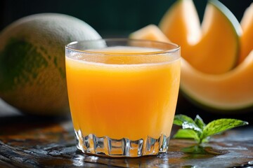 Poster - A glass of fresh orange juice served next to a ripe cantaloupe, perfect for a healthy snack or breakfast