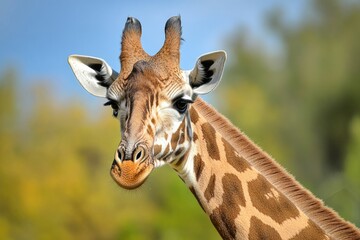 Poster - Close-up view of a giraffe's face with trees in the background, great for wildlife or nature-themed designs