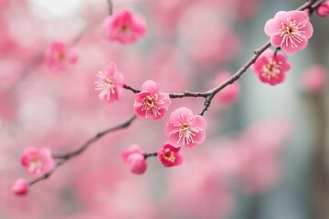 Poster - Close-up of a tree branch with bright pink flowers