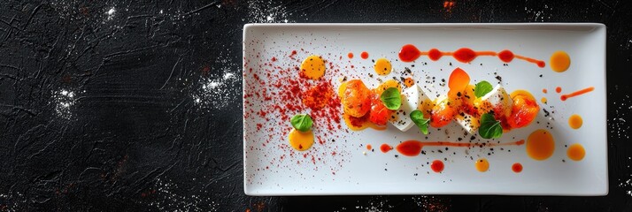 3d background minimalistic mockup with space for text, gourmet plated dish with colorful sauces arti