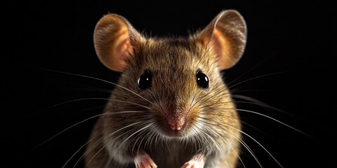 Wall Mural - A close-up of a small brown and white mouse standing upright against a dark black background