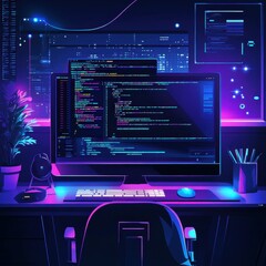 Poster - A vibrant, tech-inspired workspace featuring a glowing computer screen filled with code, plants, and office supplies, all set in a futuristic atmosphere.