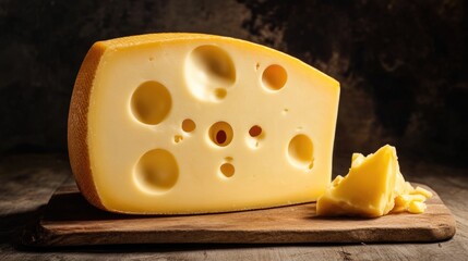 Poster - A piece of cheese sitting on a clean cutting board, ready for preparation or serving