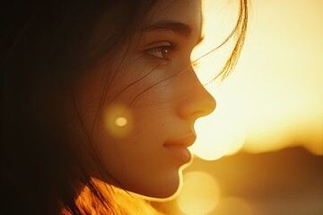 Poster - A close-up shot of a woman's face as the sun sets in the background