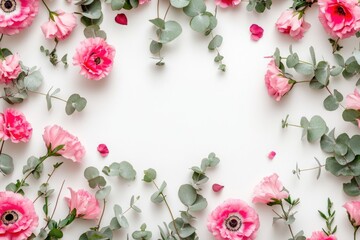 Poster - A bouquet of pink flowers surrounded by lush greenery on a white background