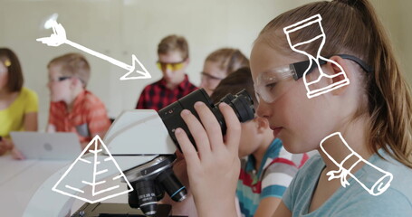 Poster - Image of school icons over diverse schoolchildren at school