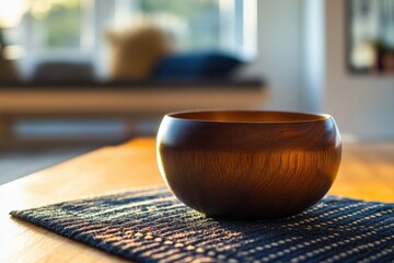 Poster - A simple wooden bowl sitting on a table with a clean and minimalist background
