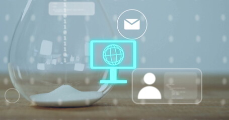 Poster - image of data processing and media icons over hourglass