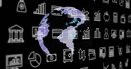 Poster - image of business icons and globe on black background