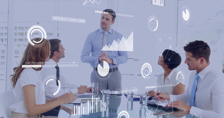 Poster - Image of financial data processing over diverse colleagues discussing work in office