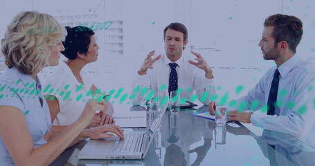 Poster - Image of financial data processing over diverse colleagues discussing work in office