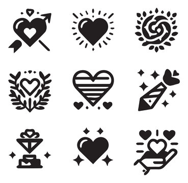 Heart and Love Icons Different  Silhouette Vector on a White Background
