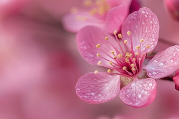 Poster - A close-up shot of a pink flower with water droplets on its petals