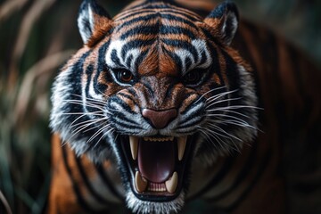 Poster - A close-up photo of a tiger's open mouth, ideal for wildlife or nature-themed designs