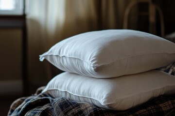 Aufkleber - A pile of pillows resting on a bed, suitable for decoration or photography props