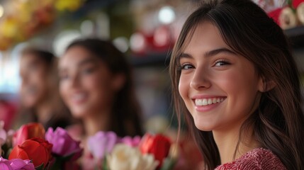 Sticker - A happy woman holds a bouquet of flowers, perfect for a birthday or celebration image