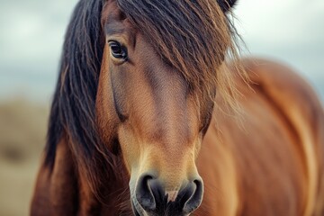 Poster - Close-up shot of a horse's face against a cloudy sky, suitable for use in animal-themed illustrations or designs