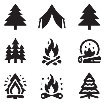 Rustic Outdoor Icons (Tent, Campfire) Different Silhouette Vector on a White Background