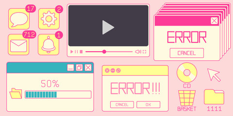 Poster - Retro internet window elements - pink and yellow computer interface with CD icon, folder, basket, video player controls, notification badges, profile menu, error message, loading progress bar.