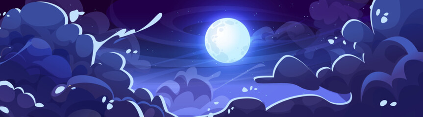 Wall Mural - anime styled night sky panorama with glowing full moon in deep blue cosmos. midnight clouds of wavy 