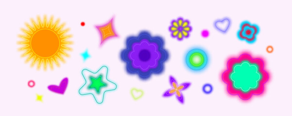 Poster - Gradient blur shapes set isolated on white background. Vector illustration of abstract neon sun, flower, heart, circle with aura color effect, glowing watercolor stickers, retro poster design elements