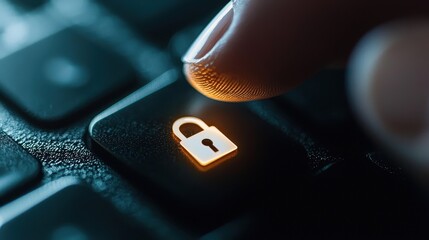 Poster - A close-up of a finger pressing a padlock key on a keyboard, symbolizing security and data protection.