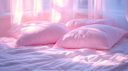 Poster - Soft, pastel pink pillows rest on a white, inviting bed, bathed in gentle sunlight filtering through sheer curtains. The ambiance radiates peace and comfort, perfect for relaxation