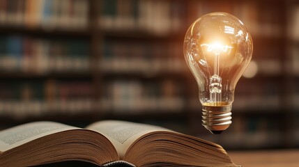 Poster - A glowing light bulb hovers above an open book, symbolizing ideas, creativity, and knowledge in a library setting.