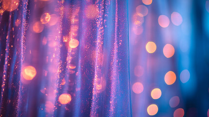Abstract purple sheer curtain with warm bokeh lights background pink blue glow soft blur night shiny