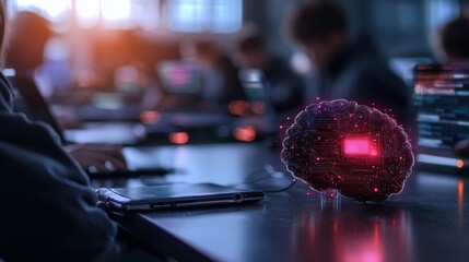 Poster - A digital brain model sits on a table amid students, symbolizing the intersection of technology and education in a modern classroom setting.