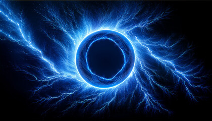 Wall Mural - abstract blue lightning circle on dark backdrop. mysterious shape.