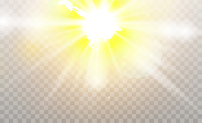 Wall Mural - glow light star, yellow sun rays, gold glare bokeh. flash yellow sun, star flashed with sparkles.