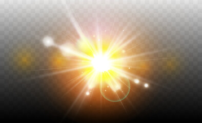 Wall Mural - glow light star, yellow sun rays, gold glare bokeh. flash yellow sun, star flashed with sparkles.