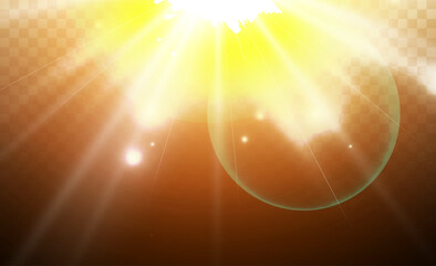 Wall Mural - glow light star, yellow sun rays, gold glare bokeh. flash yellow sun, star flashed with sparkles.