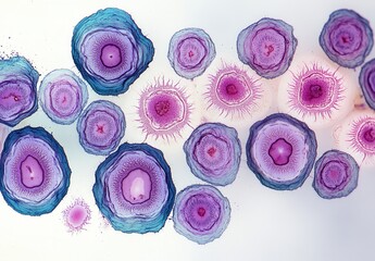Poster - Abstract close-up of colorful circular shapes with vivid hues of purple and blue on a white background, perfect for artistic and scientific themes