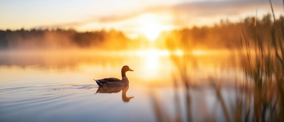 Wall Mural - duck swimming on a lake at sunrise