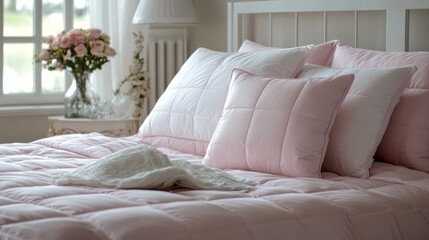 Poster - A soft pink quilt adorns a bed layered with fluffy pillows. Fresh flowers in a vase add a touch of elegance, creating a peaceful atmosphere perfect for relaxation day or night