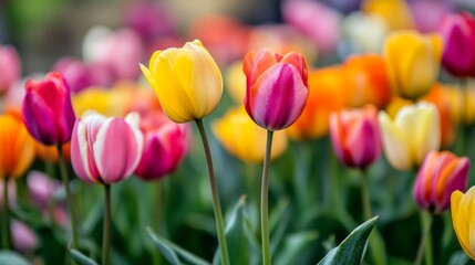 Poster - A lively meadow bursts with color as spring and summer bloom. Vibrant tulips in shades of pink, yellow, and orange sway gently in the breeze, celebrating nature's beauty
