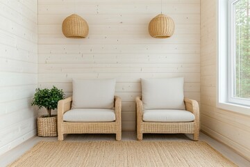 Poster - Cozy modern interior with two rattan chairs, light colors, natural elements, and a calming atmosphere for relaxation Ideal for home decor inspiration