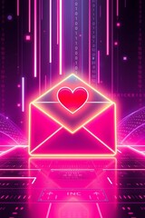 Poster - A neon-outlined envelope with a red heart glows amidst a futuristic, digital landscape of binary code and neon lights, symbolizing cyber love